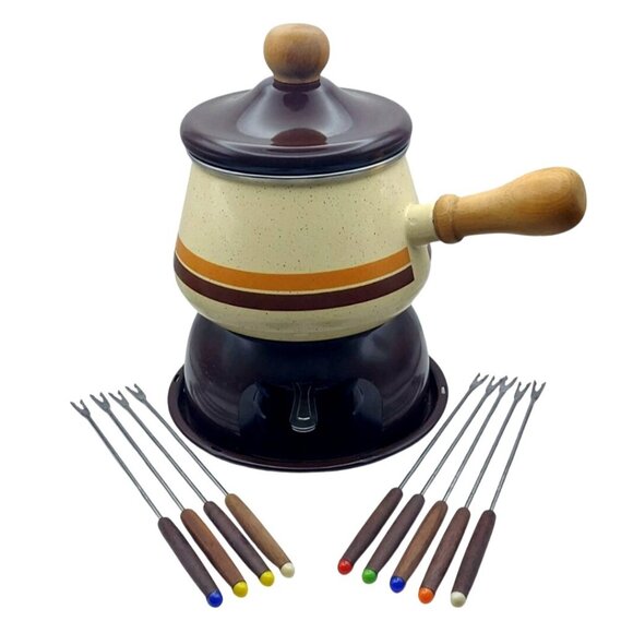 Vintage 70s 7-Piece Fondue Set Speckled Orange & Brown w/ Stainless Steel Forks - Picture 1 of 11